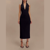 Fleur - Black Deep V Halter Neck Dress